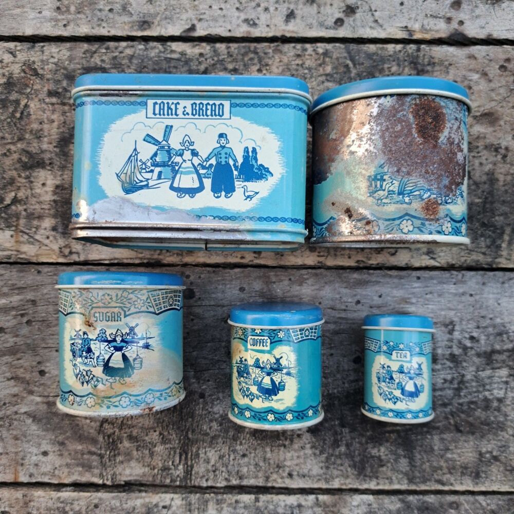 Vintage 1940s Wolverine Tin Blue Dutch Canister Set Of 5 Coffee Tea Flour Sugar